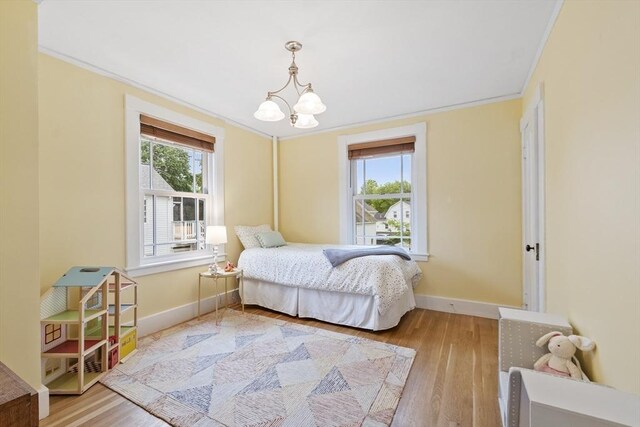 14 Thoreau St, Concord, MA 01742 - bedroom featuring a chandelier, wood finished floors, baseboards, and crown molding