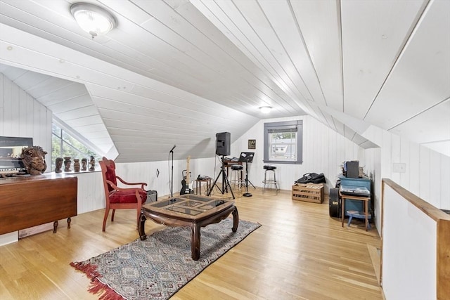 14 Thoreau St, Concord, MA 01742 - sitting room featuring vaulted ceiling, wood finished floors, wooden walls, and wooden ceiling