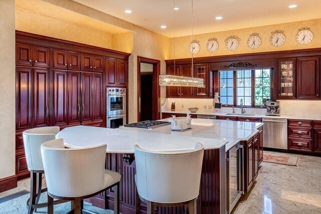 miscellaneous room with wood-type flooring, a water view, an inviting chandelier, beam ceiling, and coffered ceiling