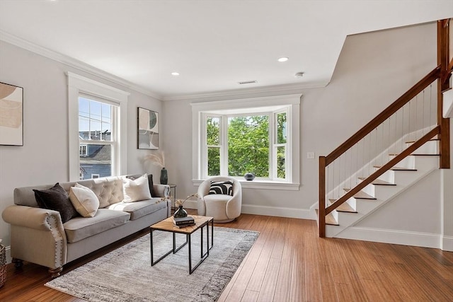 24 Lemon St Unit 2, Salem, MA 01970 - living room with hardwood / wood-style flooring, stairway, crown molding, and recessed lighting