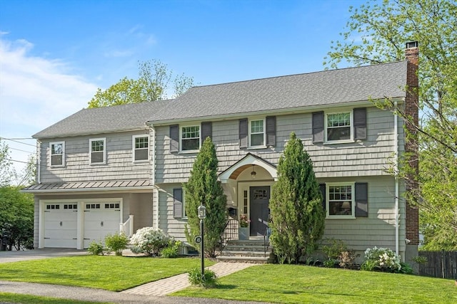 colonial inspired home featuring asphalt driveway, a chimney, an attached garage, and roof with shingles
