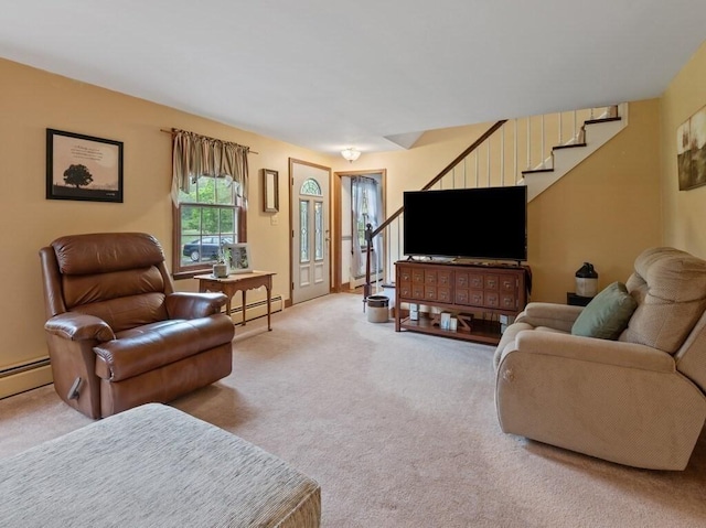58 Fitzpatrick Rd, Grafton, MA 01519 - living area featuring baseboard heating, stairway, and carpet flooring