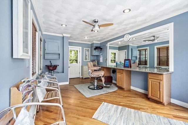33 S S, Hingham, MA 02043 - kitchen with ceiling fan, baseboards, crown molding, light wood-style floors, and recessed lighting