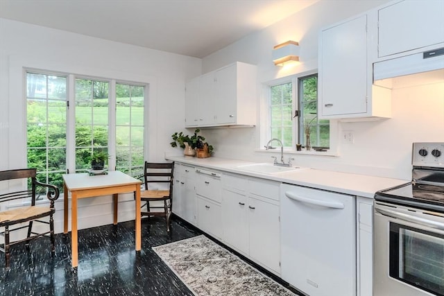 kitchen featuring white dishwasher, stainless steel electric stove, a sink, extractor fan, and plenty of natural light