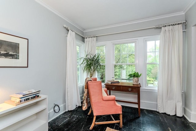 office space with ornamental molding, baseboards, and plenty of natural light