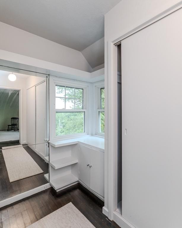 bathroom with wood-type flooring and lofted ceiling