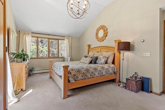 bedroom featuring baseboards, a notable chandelier, carpet floors, a baseboard heating unit, and lofted ceiling