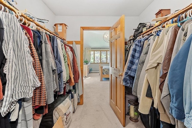 walk in closet with light colored carpet