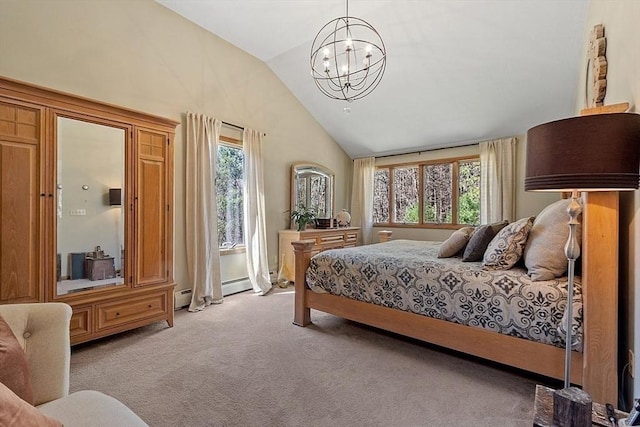 carpeted bedroom featuring a baseboard heating unit, a notable chandelier, multiple windows, and lofted ceiling
