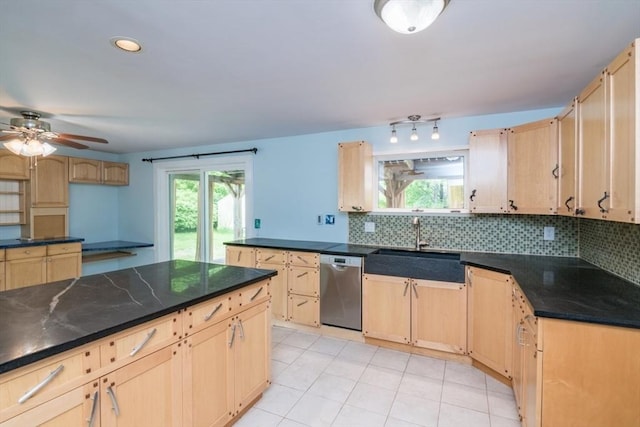 28 River St, Erving, MA 01344 - kitchen featuring dishwasher, light brown cabinets, decorative backsplash, ceiling fan, and light tile patterned floors