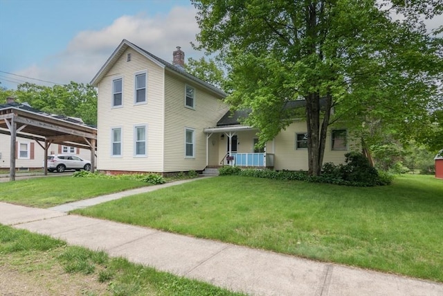 28 River St, Erving, MA 01344 - traditional-style home featuring a porch, a chimney, and a front lawn