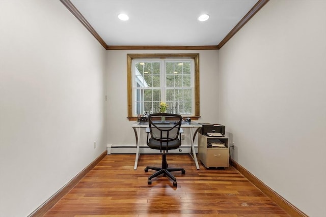 office space featuring ornamental molding, recessed lighting, baseboards, and wood finished floors