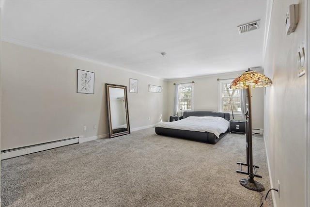 bedroom featuring baseboards, visible vents, ornamental molding, baseboard heating, and carpet floors