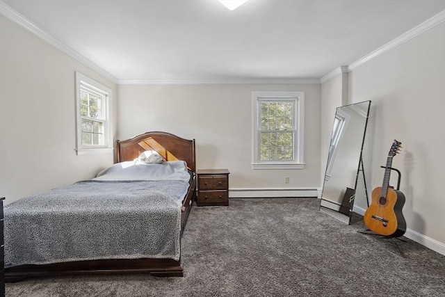 carpeted bedroom featuring ornamental molding, multiple windows, and a baseboard radiator