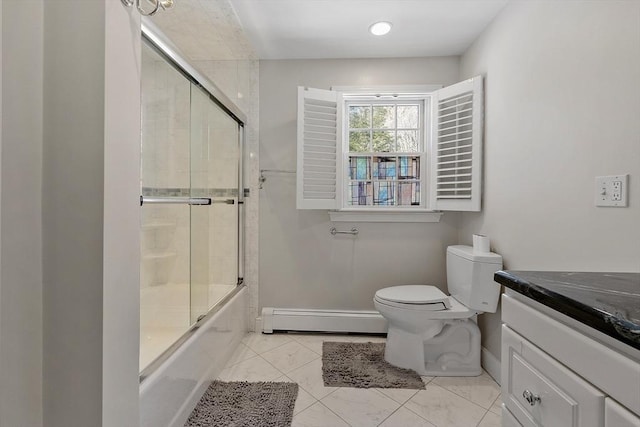 full bathroom with baseboards, toilet, shower / bath combination with glass door, a baseboard radiator, and vanity