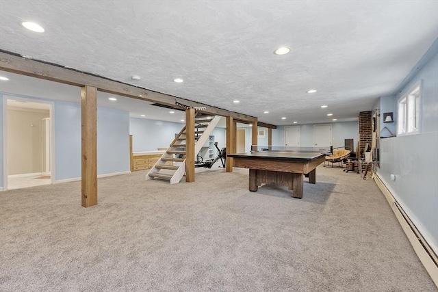 game room featuring recessed lighting, baseboard heating, light carpet, a textured ceiling, and billiards