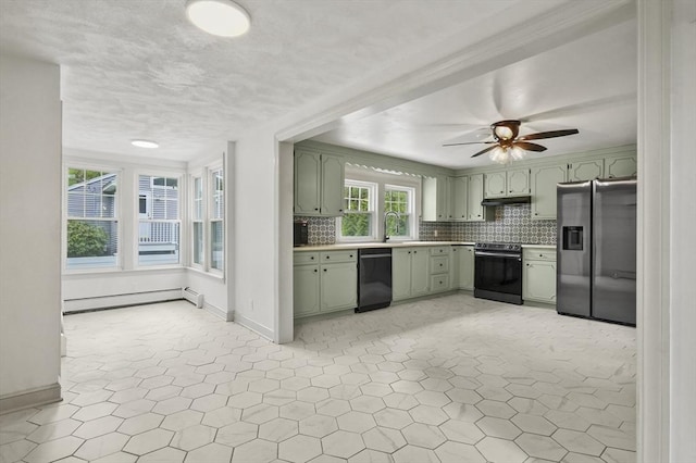 20 Marjorie Rd, Wilmington, MA 01887 - kitchen featuring green cabinets, stainless steel fridge with ice dispenser, range with electric stovetop, dishwasher, and a baseboard radiator