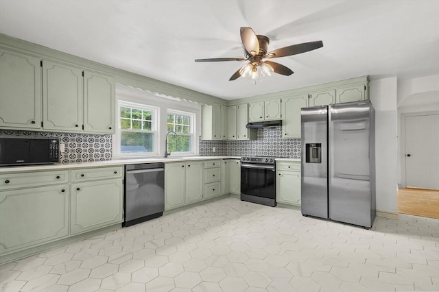 20 Marjorie Rd, Wilmington, MA 01887 - kitchen with appliances with stainless steel finishes, green cabinetry, under cabinet range hood, ceiling fan, and backsplash