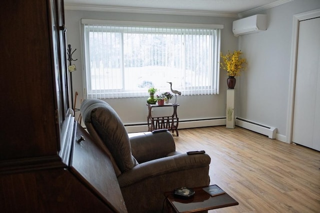 61 Outer Dr Unit 61, Chicopee, MA 01022 - living room with a wall unit AC, crown molding, wood finished floors, a baseboard heating unit, and baseboards