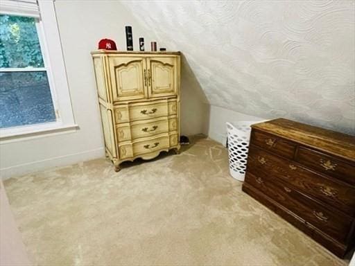 interior space with light colored carpet and lofted ceiling