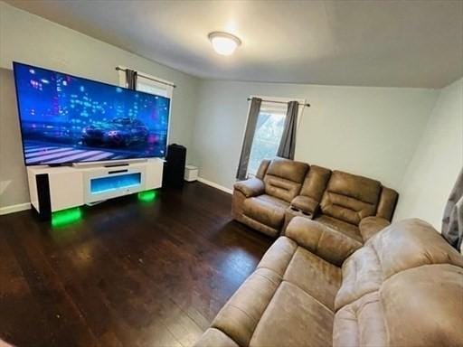 living room with baseboards and wood finished floors