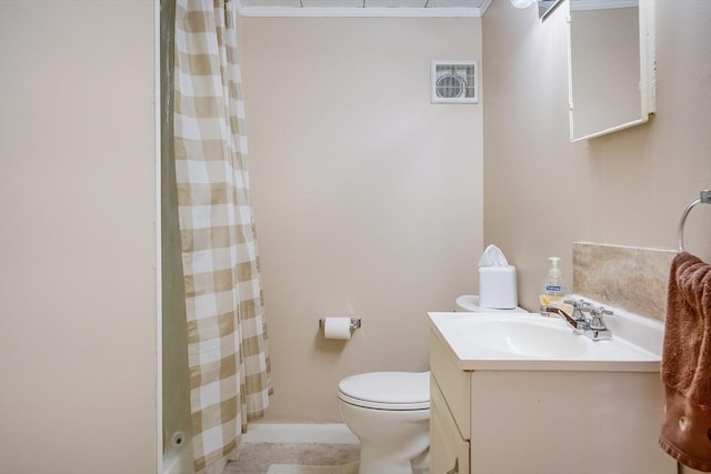 177 Elm St, Andover, MA 01810 - bathroom featuring vanity, curtained shower, and ornamental molding