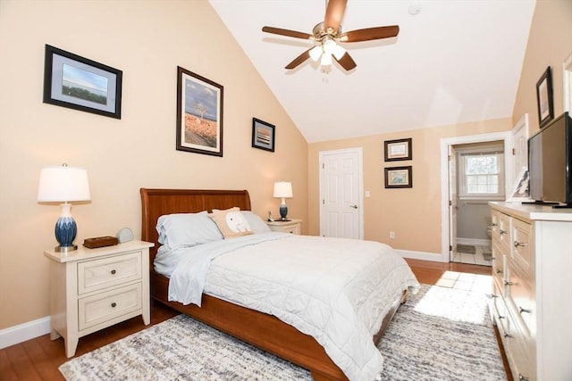 bedroom with lofted ceiling, light hardwood / wood-style flooring, and ceiling fan