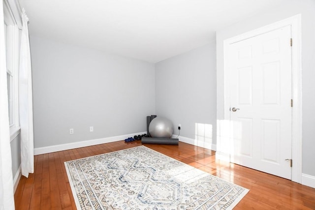 workout area featuring hardwood / wood-style flooring