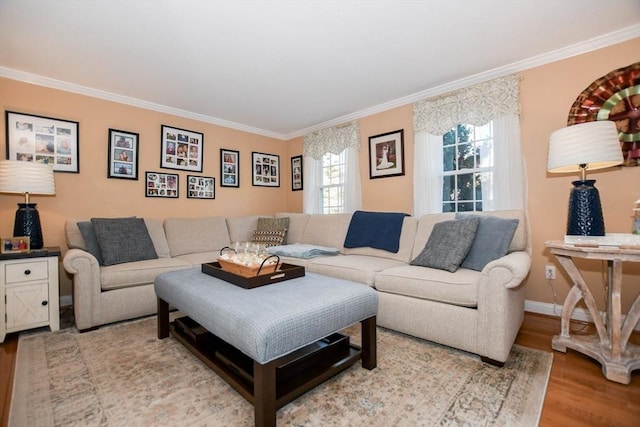 living room with ornamental molding, a healthy amount of sunlight, and light wood-type flooring