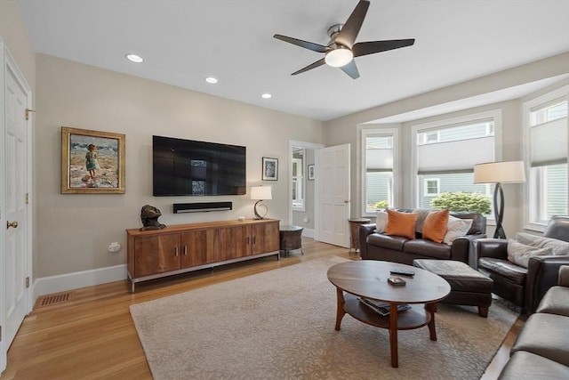 30 Preston Ct Unit 1, Swampscott, MA 01907 - living room with light wood-style floors, ceiling fan, and recessed lighting