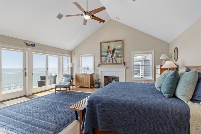 30 Preston Ct Unit 1, Swampscott, MA 01907 - bedroom with access to outside, light wood-style flooring, multiple windows, and high vaulted ceiling