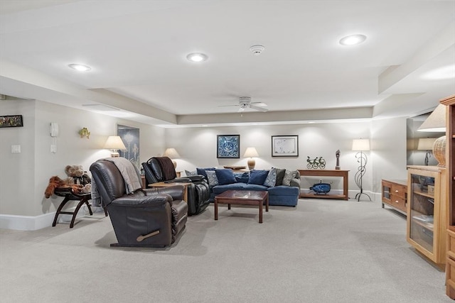 30 Preston Ct Unit 1, Swampscott, MA 01907 - living room with light colored carpet, ceiling fan, and recessed lighting