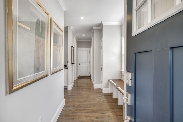 41 Old Main Rd Unit 3A, Falmouth, MA 02556 - hall featuring ornamental molding, dark wood finished floors, baseboards, and recessed lighting