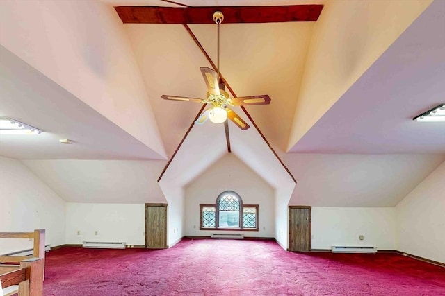 bonus room with lofted ceiling, carpet floors, and baseboard heating