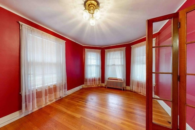 spare room featuring radiator heating unit and light wood-type flooring