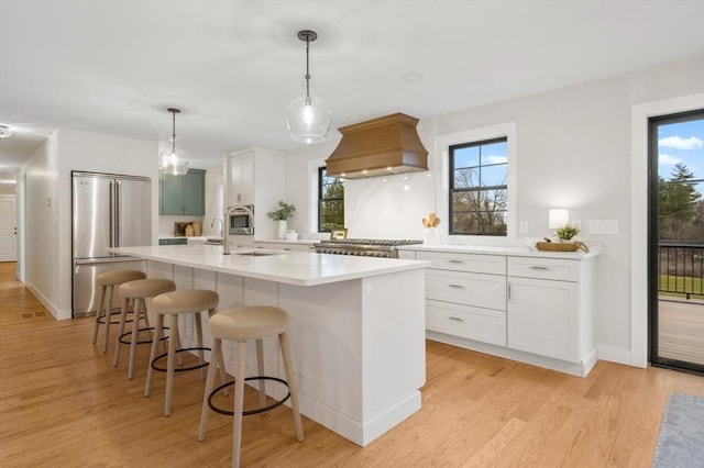 13 Alden Rd, Andover, MA 01810 - kitchen with light wood-type flooring, a wealth of natural light, high quality fridge, light countertops, and premium range hood