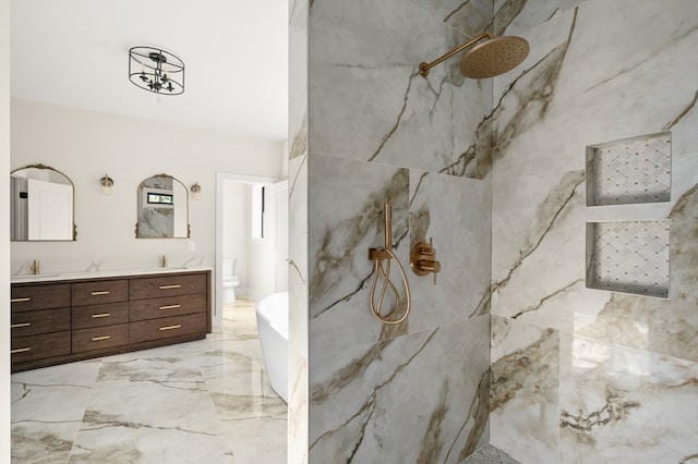 bathroom with walk in shower, tile walls, vanity, and toilet