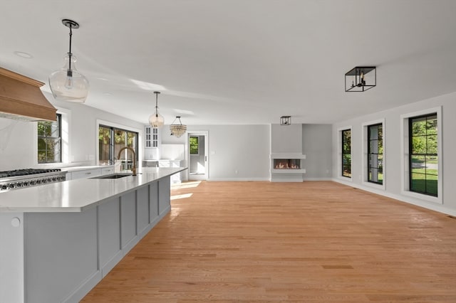 kitchen with pendant lighting, sink, plenty of natural light, and light hardwood / wood-style floors