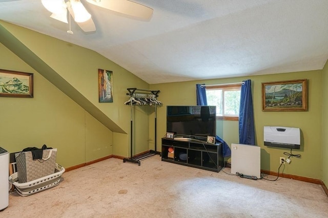 10 Laurel Ln, Bellingham, MA 02019 - living room featuring carpet flooring, lofted ceiling, a ceiling fan, and heating unit