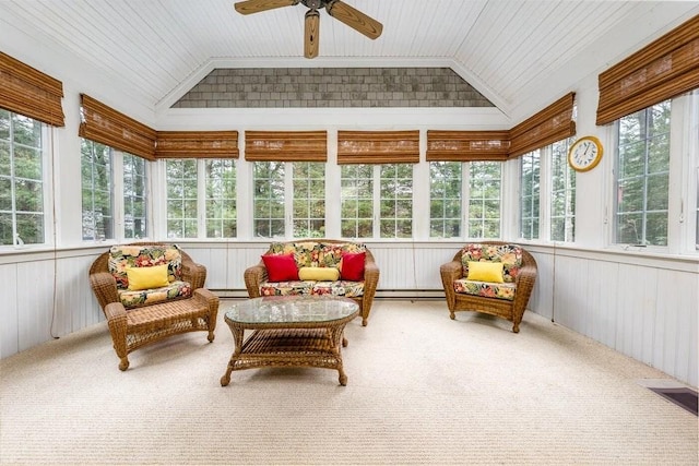 sunroom featuring vaulted ceiling, a wealth of natural light, and ceiling fan