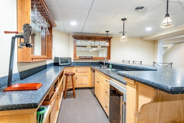 bar featuring visible vents, wine cooler, a toaster, pendant lighting, and a sink