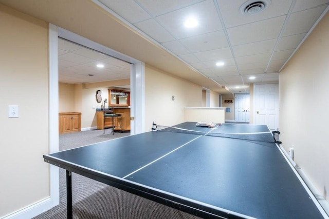 game room featuring visible vents, baseboards, carpet floors, recessed lighting, and a paneled ceiling