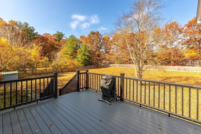 deck featuring grilling area, a yard, and a fenced backyard