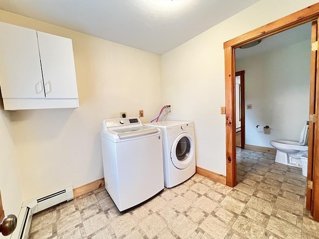 laundry room featuring separate washer and dryer, a baseboard radiator, light floors, and baseboards