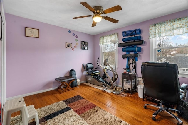 office space with a ceiling fan, baseboards, and wood finished floors