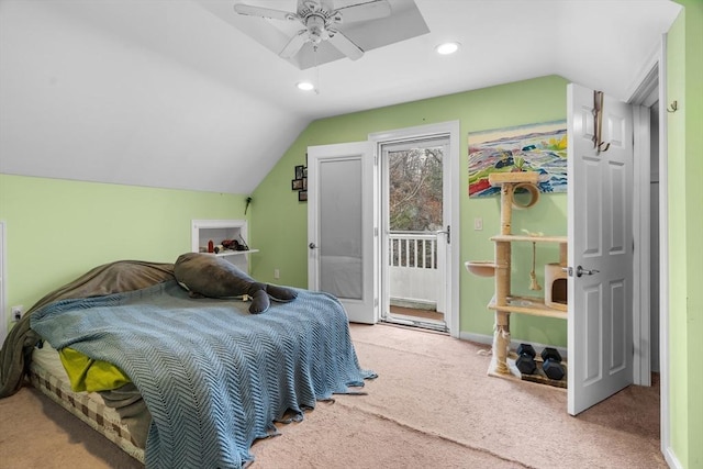 carpeted bedroom featuring baseboards, a ceiling fan, lofted ceiling, access to exterior, and recessed lighting