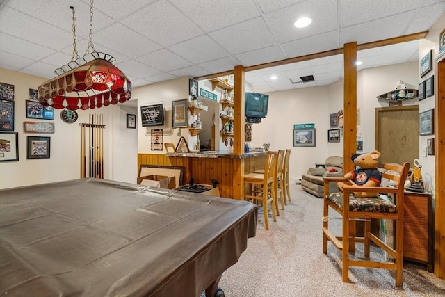 rec room featuring a paneled ceiling, recessed lighting, billiards, wet bar, and carpet