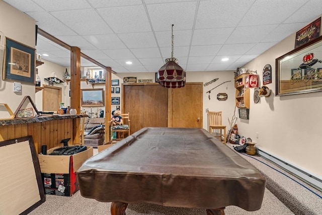 rec room featuring carpet, recessed lighting, pool table, baseboard heating, and a drop ceiling