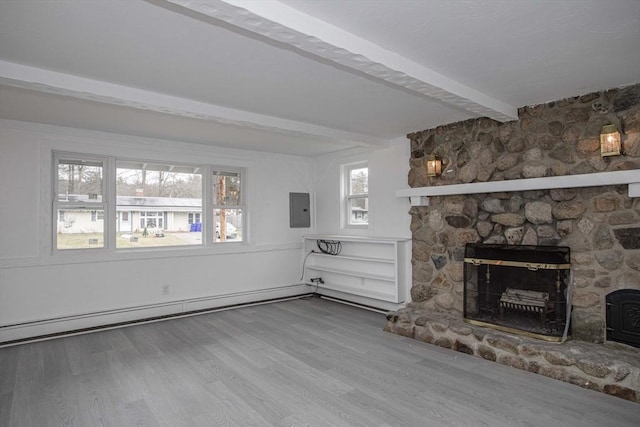 unfurnished living room featuring beam ceiling, baseboard heating, electric panel, wood-type flooring, and a fireplace