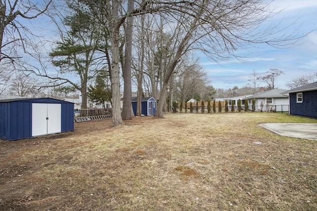 view of yard featuring a patio and a storage unit